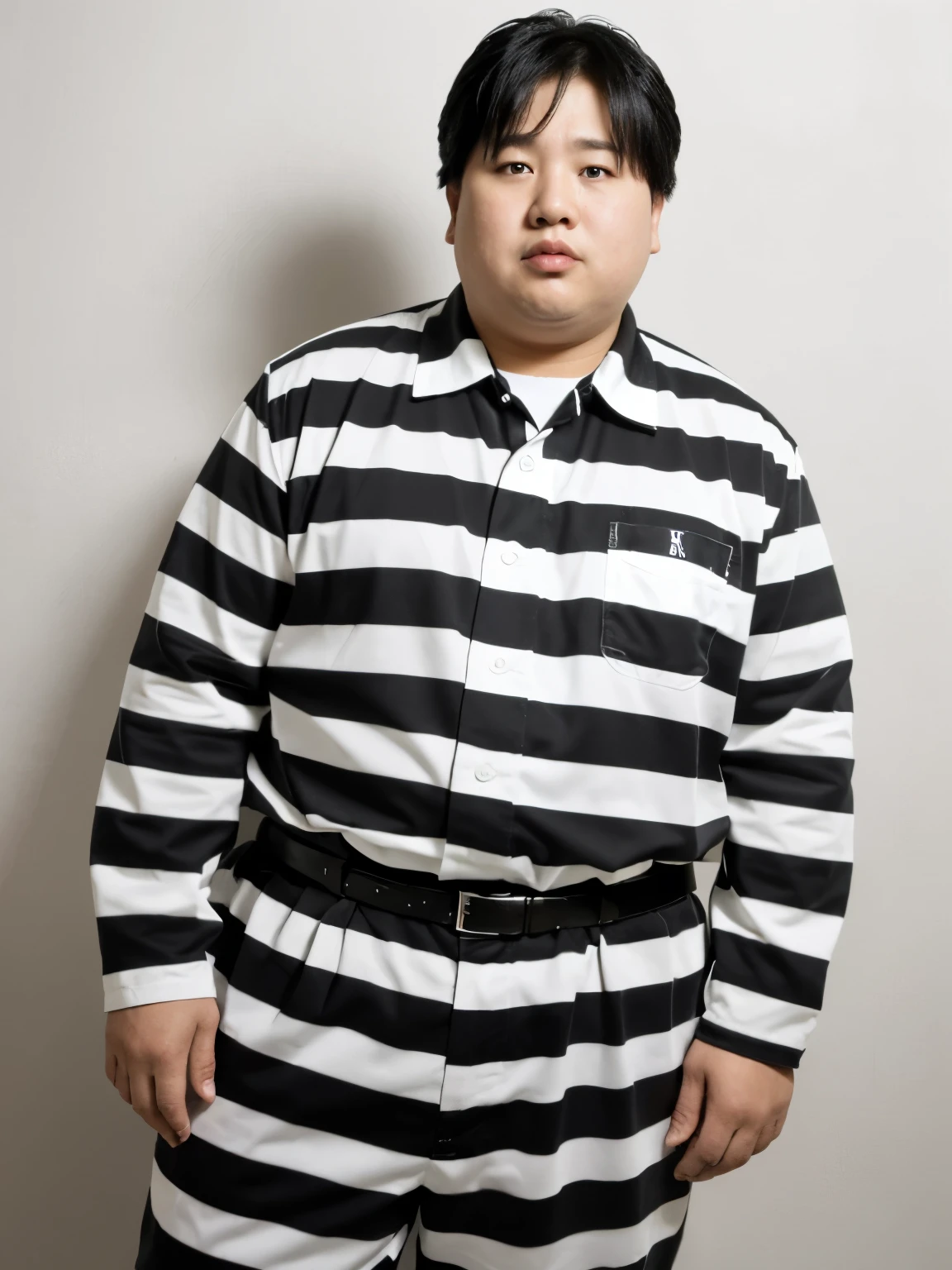 (highest quality:1.2, masterpiece:1.2), 8K, Professional Lighting, Cinematic Lighting, (1 Japanese boy), (((fat boy))), (big boy, tall boy, 16aged boy, he is high school student), (black hair, short hair, center parted hair:1.2), ((ultra realistic prisoner’s uniform, ultra detailed prisoner’s outfits, long sleeve, collared, black & white stripe clothes, bare foots)), (detailed eyes, perfect eyes, fine eyes, clear eyes), ((no back ground, white back ground)), standing, cowboy shot, 