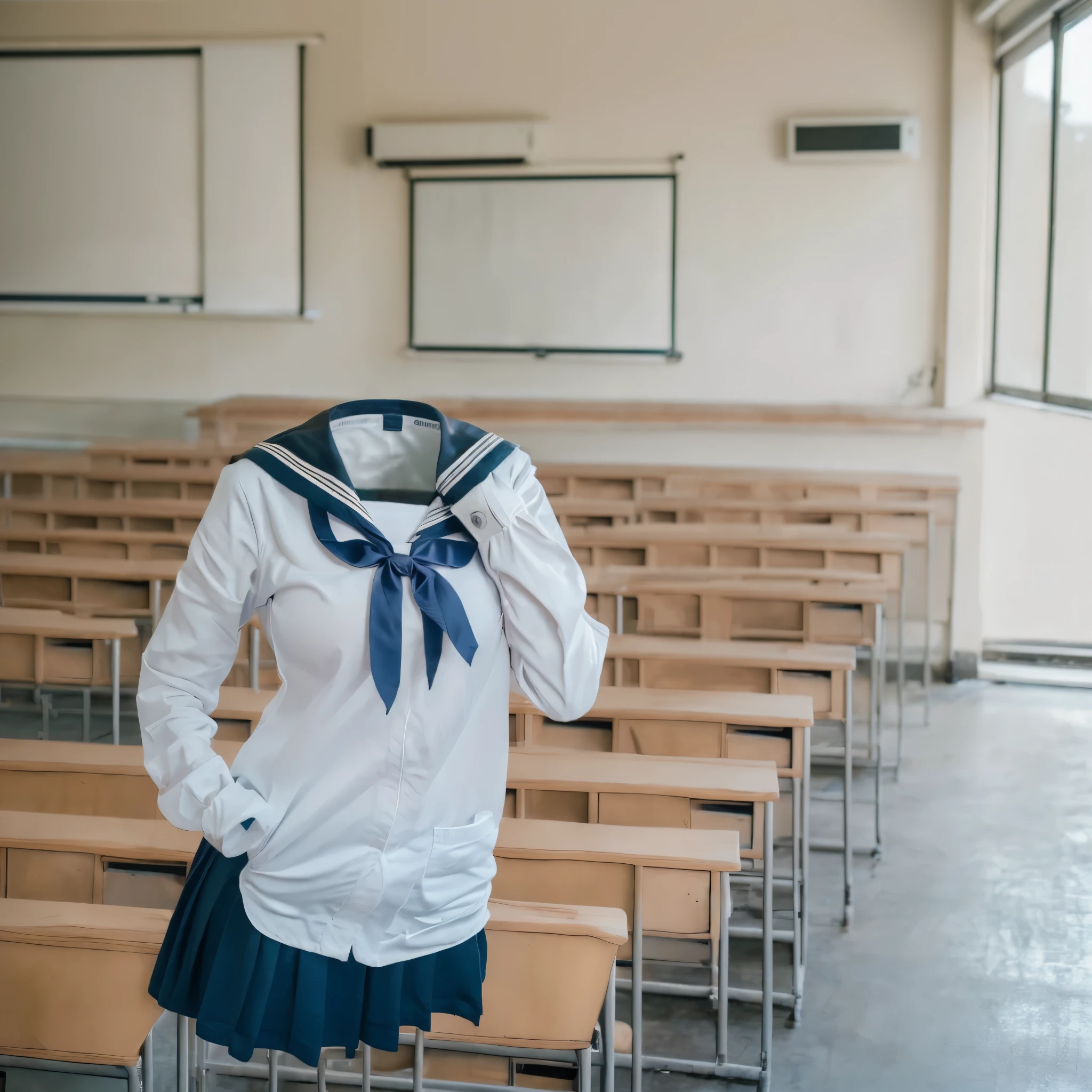 (invisible, no humans, headless, faceless:1.5), close-up shot of breasts, 1girl, solo, sailor collar, long sleeves, (8k, RAW photo, best quality, masterpiece:1.2), (realistic, photo-realistic:1.37), photon mapping, radiosity, ((Hasselblad photography)), physically-based rendering, in classroom