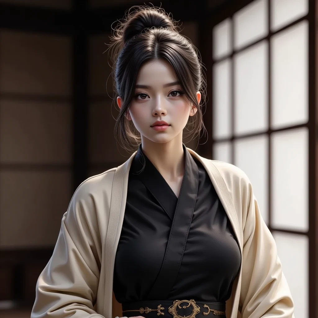  Beautiful Female Samurai 、 Japanese Knife、Samurai Sword 、Beautiful sword blade、 Swordsman with a Sword Pattern Female Swordsman in a Coat、Long Tied Hair 、 Traditional Japanese Interior 、tatami、Wooden sword stand 、 Exquisite Blade 、 Detailed Sword Pattern 、 dramatic lighting 、 very detailed、 photorealistic、8k、(Best Quality、4K、8k、 high resolution on down、masterpiece:1.2)、Super detailed、( real、 photorealistic、 photorealistic:1.37)、 Cinematic Lighting 、 elegant、 Strong Poses 、 Dynamic Composition 、