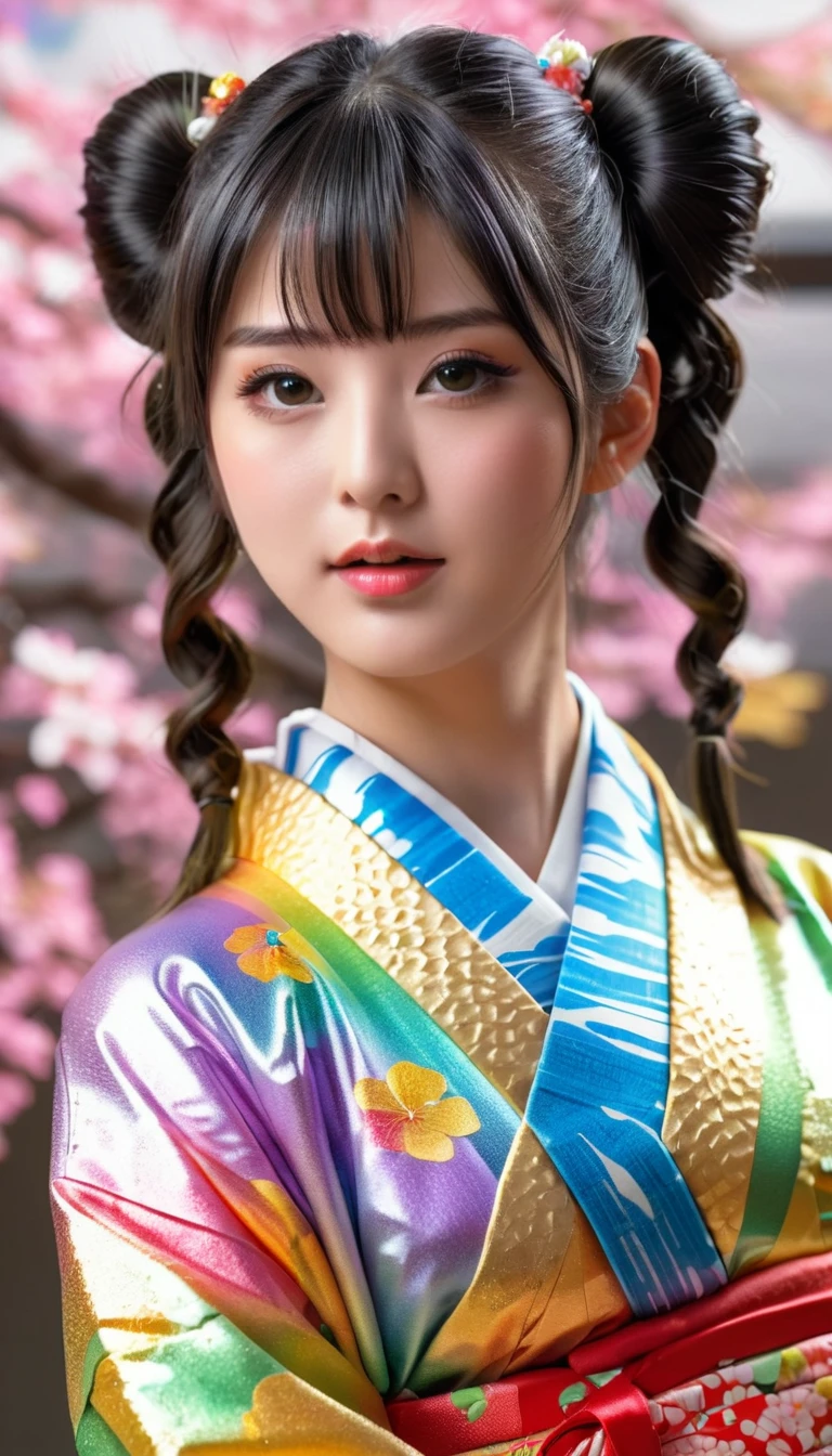 Attractive and sexy look, round face、 Twin Tails,Realistic cute Japanese women、19 years old、 shiny skin、 shiny lips、 Wearing an open rainbow-colored colorful Japanese kimono , art, (Super detailed,  absolute resolution  , Best Quality:1.3), 2.5D, Delicate and dynamic effects , Shimmering gold dust effect, Artistic, Extreme, CG デジタルart