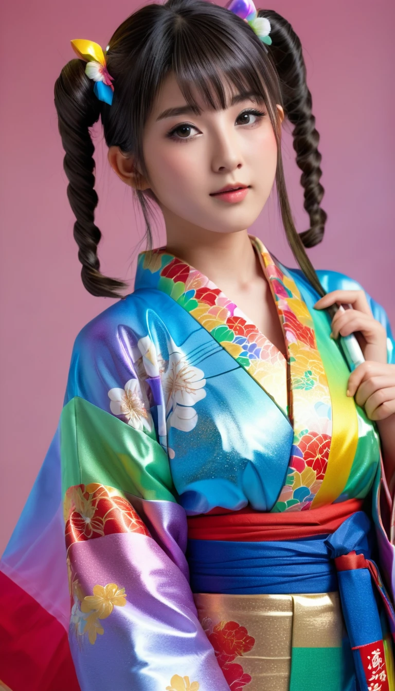 Attractive and sexy look, round face、 Twin Tails,Realistic cute Japanese women、19 years old、 shiny skin、 shiny lips、 Wearing an open rainbow-colored colorful Japanese kimono , art, (Super detailed,  absolute resolution  , Best Quality:1.3), 2.5D, Delicate and dynamic effects , Shimmering gold dust effect, Artistic, Extreme, CG デジタルart