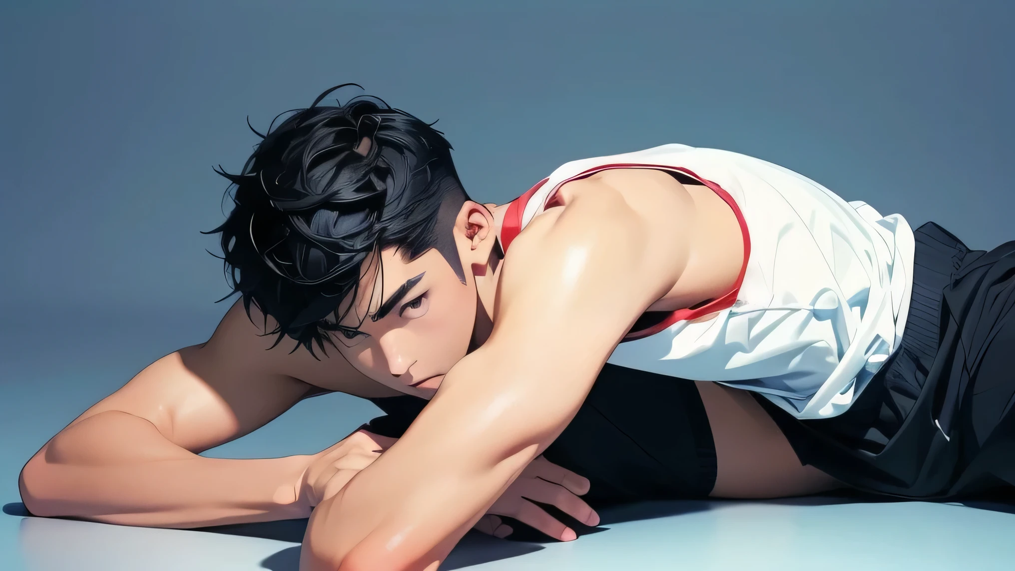  Japanese　　 Handsome Man 　Short cut　Black Hair　male　Slim figure　Being thin　blue monotone singlet　　Lower body mokkori　　　Lie down 　 No Background 　　　　The overall screen is bright　male　Slim figure　 bright light　Light background