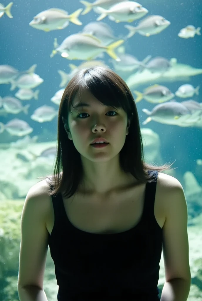 Ultra-realistic rear medium shot of a tanned 30 year old Asian woman, surprised expression, plain black tank top, shapely breasts, slim woman, perfectly beautiful Asian female face, breathtaking, highly detailed, school of beautiful fish swimming in front of a huge tank in a Californian aquarium, shimmering water and light, cinematic contrast between dark passage and bright tank, 70mm camera, Portra 800 film, film grain, reflections from the tank shimmering with light and shadow highlight the woman's face and impress the viewer