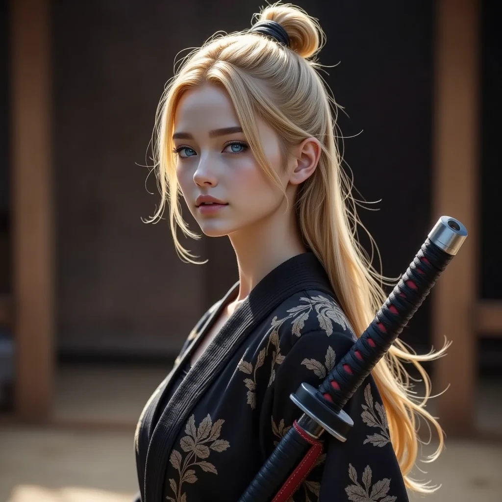  Beautiful Female Samurai 、 Japanese Knife、Samurai Sword 、Beautiful sword blade、 Swordsman with a Sword Pattern Female Swordsman in a Coat、Long Tied Hair 、 Traditional Japanese Interior 、tatami、Wooden sword stand 、 Exquisite Blade 、 Detailed Sword Pattern 、 dramatic lighting 、 very detailed、 photorealistic、8k、(Best Quality、4K、8k、 high resolution on down、masterpiece:1.2)、Super detailed、( real、 photorealistic、 photorealistic:1.37)、 Cinematic Lighting 、 elegant、 Strong Poses 、 Dynamic Composition 、