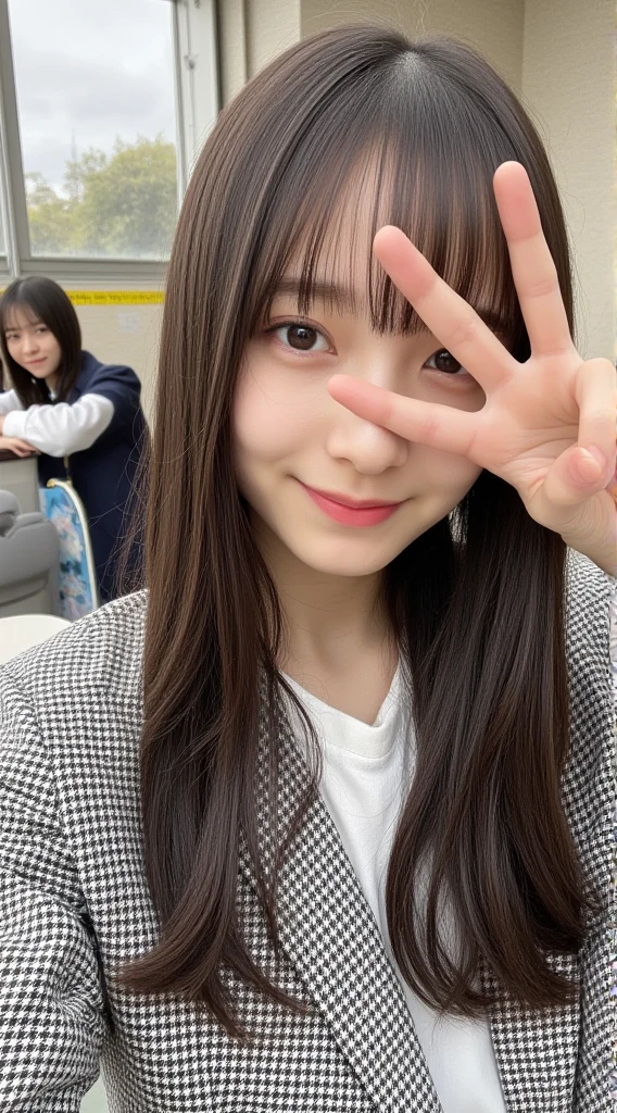 smile、Cover your mouth and nose with one arm、 staring at camera、、Cute type、 Japanese Women、Selfie 30代の韓国人女性、８hair　, Shoot from below,Feeling good、口を開hairて、Tokyo　 full body photo　((Her hair is very straight!!!!!))　(Her hair is pitch black!!!)　Thick and shiny hair　Beautiful silky hair　Beautiful and shiny hair　very, very long hair!!!!!)High school classroom　 blazer close to my face　Realistic image of a woman with long hair, 黒hair, Holding long hair。Cover one eye with hair　smile,  looking at the camera 、、Cute type、Selfie, 
