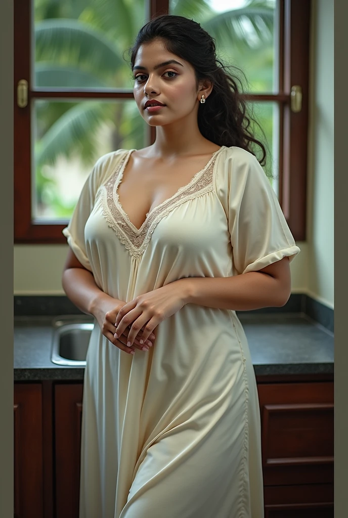 Beautiful Indian modern milf, pale glowing skin, seductive face ,professional photography, looking at camera, fashion model, detailed, navel, cleavage,camisole dress, HD , 4k, background night, bokeh background