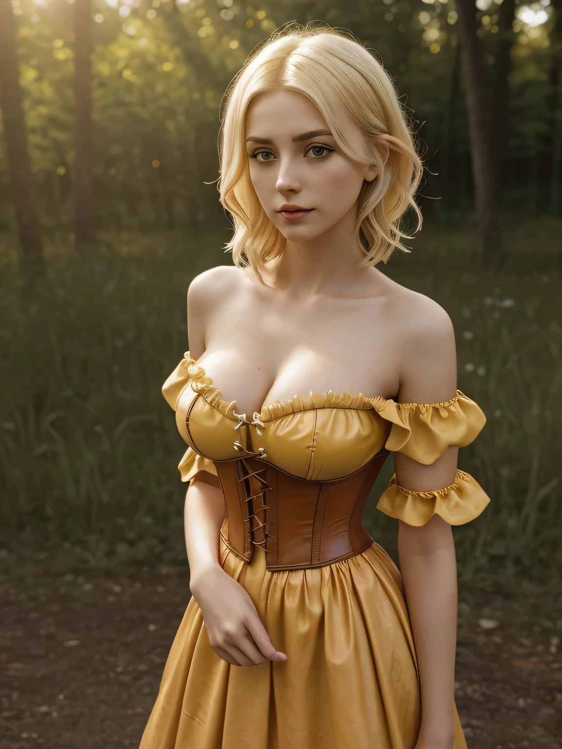 1girl in, age21, Eva Elfie, photo of perfect woman, portrait, looking straight at camera, 5'3", Solo, Aesthetic artwork, (blond, straight blonde hair, shoulder length blond hair:1.25), (clear skin, pale skin, medium breasts, B-cup, runners body, athletic, thin waist, skinny, detailed skin texture), (blank background, plain background, blank wall, (wearing a body-hugging dandelion yellow peasant dress, A red off the shoulder, long yellow full length skirt, strapless), (brown leather corset, brown corset, Cleavage), (extremely detailed 8k wallpaper), evening outdoor lighting, high quality, film grain, Fujifilm XT3 sharp focus, f 5.6, 50mm, High Detail, Sharp focus, (natural light), crazy details, complex details, hyper detailed