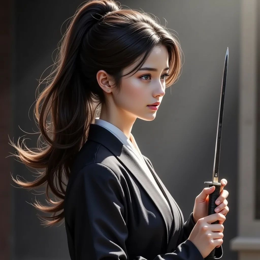  Beautiful Female Samurai 、 Japanese Knife、Samurai Sword 、Beautiful Tachi no Yaiba 、 Swordsman with a sword pattern Female swordsman in a coat、Long Tied Hair 、 Traditional Japanese Interior 、tatami、Wooden sword stand 、 Exquisite Blade 、 dramatic lighting 、 very detailed、 photorealistic、8k、(Best Quality、4K、8k、 high resolution on down、masterpiece:1.2)、Super detailed、( real、 photorealistic、 photorealistic:1.37)、 Cinematic Lighting 、 elegant、 Strong Poses 、 Dynamic Composition 、