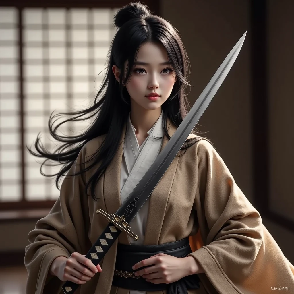  Beautiful Female Samurai 、 Japanese Knife、Samurai Sword 、Beautiful Tachi no Yaiba 、 Swordsman with a sword pattern Female swordsman in a coat、Long Tied Hair 、 Traditional Japanese Interior 、tatami、Wooden sword stand 、 Exquisite Blade 、 dramatic lighting 、 very detailed、 photorealistic、8k、(Best Quality、4K、8k、 high resolution on down、masterpiece:1.2)、Super detailed、( real、 photorealistic、 photorealistic:1.37)、 Cinematic Lighting 、 elegant、 Strong Poses 、 Dynamic Composition 、