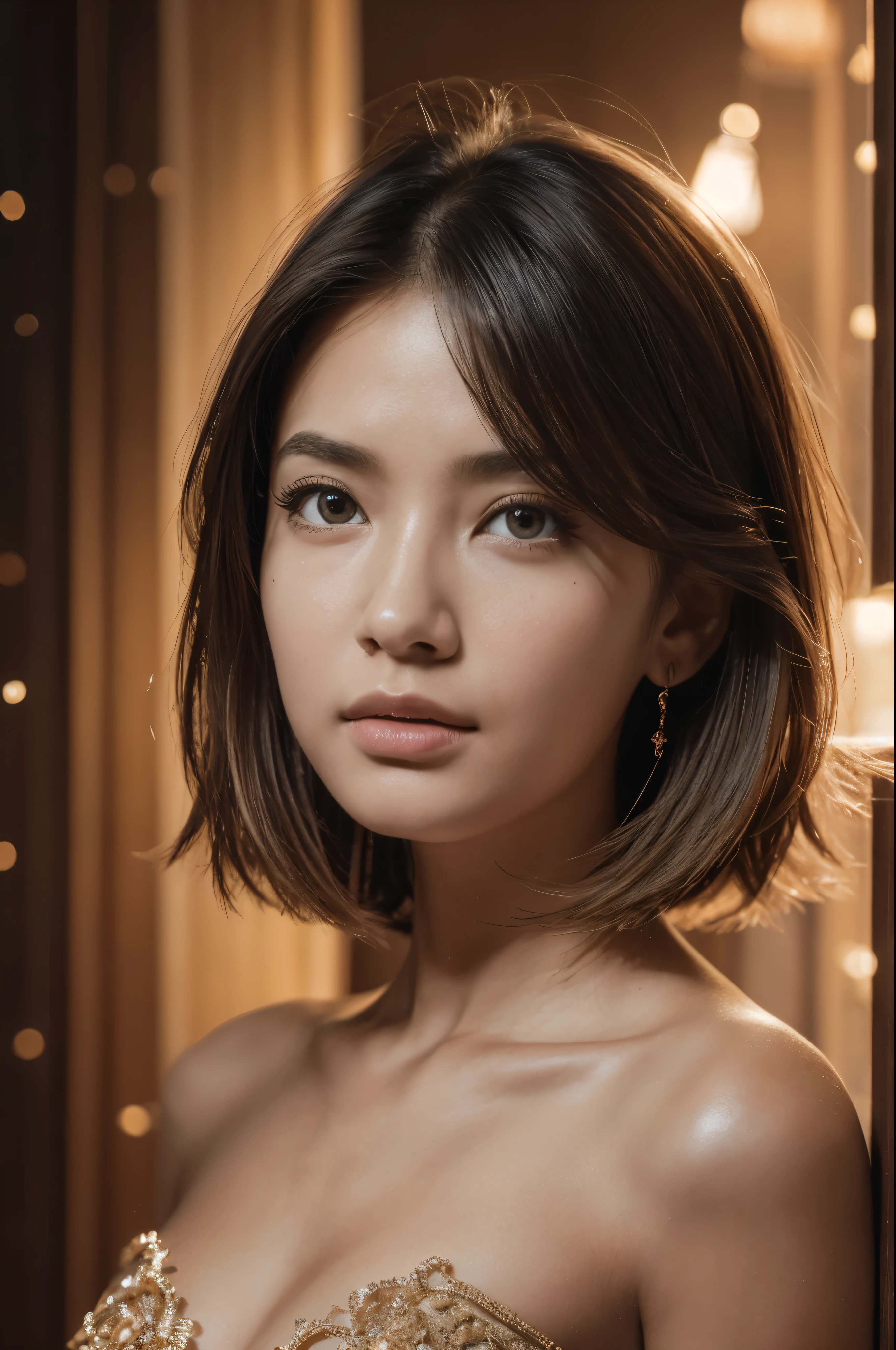 masterpiece, best quality, (extremely detailed CG unity 8k wallpaper, masterpiece, best quality, ultra-detailed, best shadow), (detailed background), (beautiful detailed face, beautiful detailed eyes), High contrast, Realistic woman, frecles, (best illumination, an extremely delicate and beautiful), short hair, hair ornament, accessories, piercing, intricate background, colorful light_particles, space, dark background,  