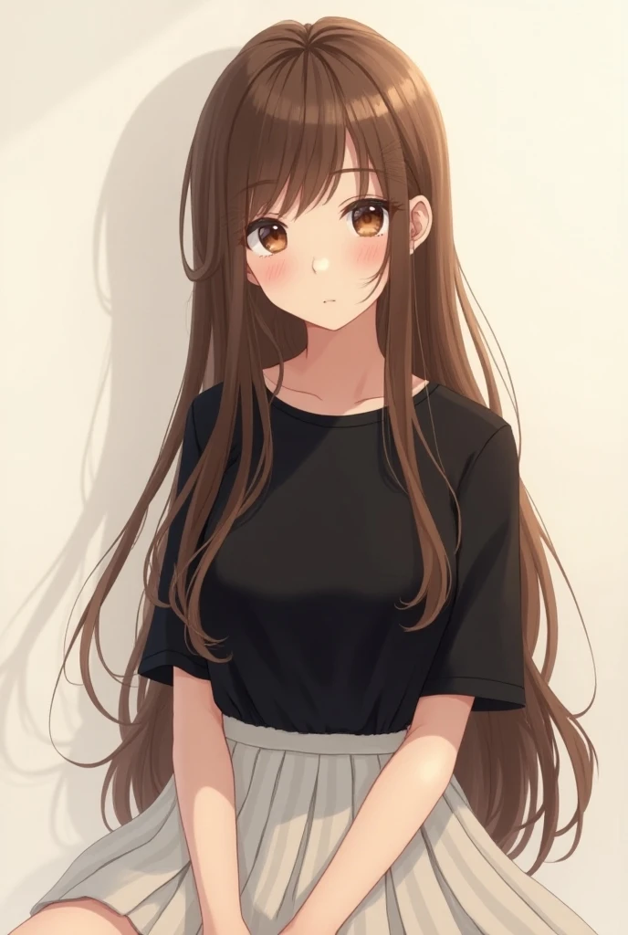 Anime girl with long brown hair in a black shirt and white skirt ...