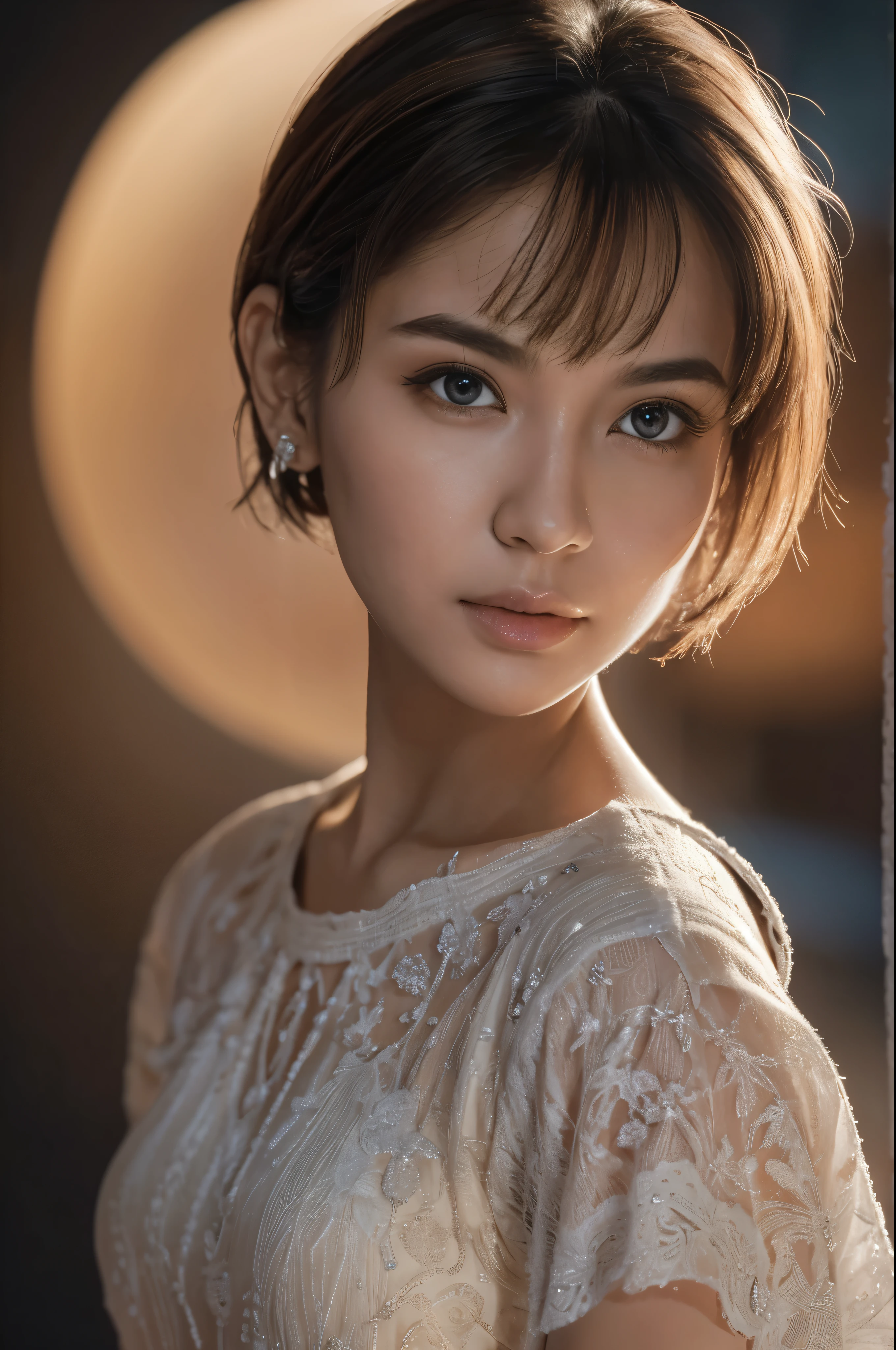 masterpiece, best quality, (extremely detailed CG unity 8k wallpaper, masterpiece, best quality, ultra-detailed, best shadow), (detailed background), (beautiful detailed face, beautiful detailed eyes), High contrast, Realistic woman, frecles, (best illumination, an extremely delicate and beautiful), short hair, hair ornament, accessories, piercing, intricate background, colorful light_particles, space, dark background,  