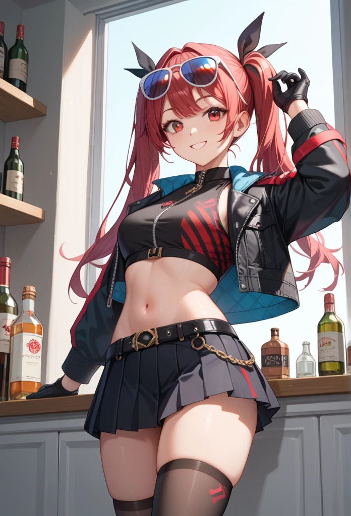 A girl in a black jacket and shorts is standing beside a bottle,  1 girl, Alone, skirt, cropped  jacket,  jacket, open  jacket, Absolute territory, breast, black skirt, pleated skirt, belly button,  watching viewers , abdomen, Open the clothes, Thighs丈, Glasses on head, stomach, Gloves, black Gloves,  crop top,  Twin Tails, sunglasses,  clevis,  place your hands on your lower back, miniskirt,  skin pattern , Thighs, black  jacket,  long sleeve , belt, smile,  cowboy shot, red eyes, black Thighs丈、Brand Hair