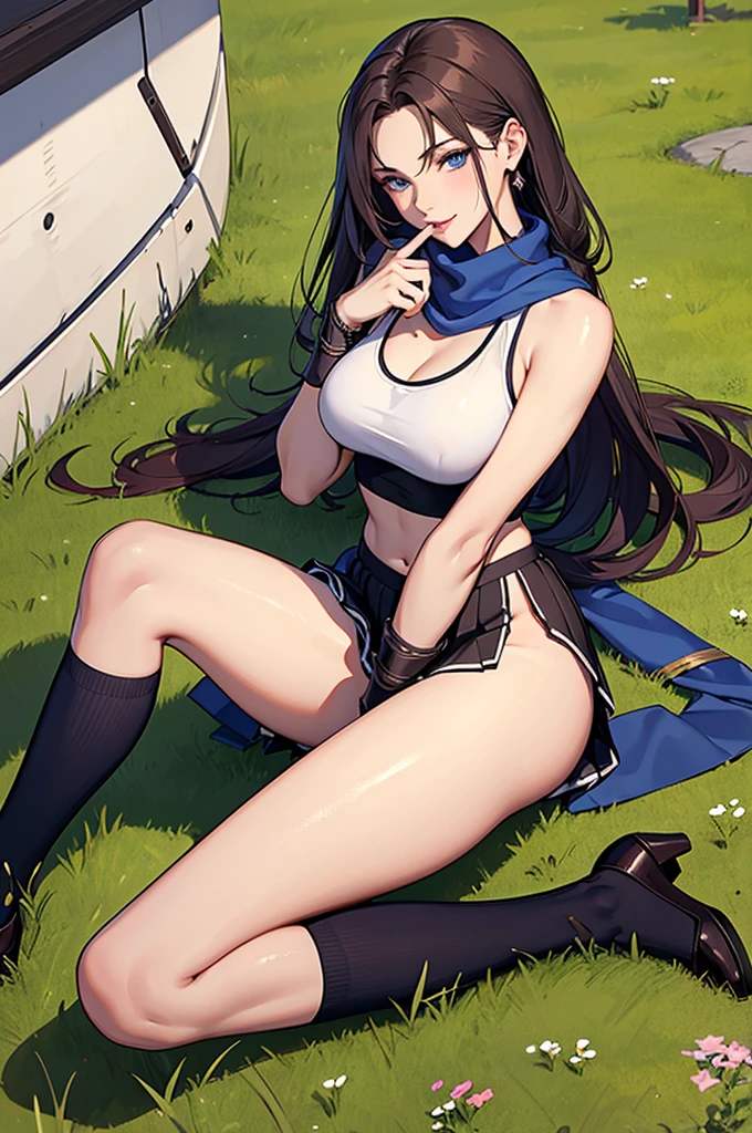 最High image quality, masterpiece, 4K, High image quality,  ultra high resolution,  of the prairie , CG drawing（ one cool adult seductive woman、）  hair is brown 、Hairstyle、Long Hair、 straight、 tank top that seems to be spilling out {x}。 Hairstyle、Long Hair、 straight、 tank top that seems to be spilling out {x}。 （（ sexy、She is a female swordsman.。  full of bewitching sex appeal 。）He&#39;s quite tall.、 slender、Boobs、Big beautiful breasts。 （Sexually、Attractive body、 sharp 、Limbs）） a female swordsman with a Japanese sword 。
。 （ tight mini scarves 、Sharp Eye、 long lashes）（Blue Eyes。  beautiful eyes、Beautiful Lips。）（Perfect、 beautiful eyes）（To the female swordsman、The elements of girls and ****ta、Not at all、 mature adult woman ） school uniform。  short sleeve sailor suit、Belly button。 （Glossy、 dark blue ultra-short pleated miniskirt、）、Black socks。

（Thicket、Tall 、In the grass、 one female swordsman 、Lying down、nsfw both legs、It's wide open 。 Goblins、Female Swordsman、Breasts、By mouth、I'm licking around。
（The female swordsman、 with bright red cheeks 、 has an embarrassing smile on her face。
 tight waist 、Beautiful shape、 waistline、 toned body。
 biologically 、Correct body