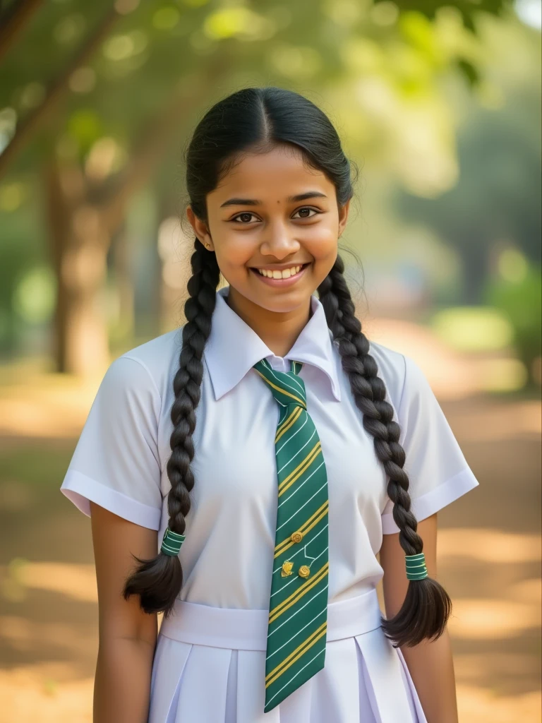 a beautiful cute young sri lanka teen girl,  detailed white frock uniform, color tie  , white shoes and socks , full body , wide photo ,cinematic lighting, hyperrealistic, photorealistic, 8k, masterpiece, warm colors, natural lighting , high quality, intricate details