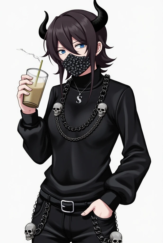 zPDXL2,  <lora:YumiYoshimuraPXL:.8>, <lora:OtherStyle_03:.8>
YumiYoshimuraPXL, short purple hair, makeup, purple eyes, spiked collar,  spiked bracelet, purple shirt, skull print, black skirt, looking at viewer, smiling, standing, inside cafe, holding bubble tea, table,