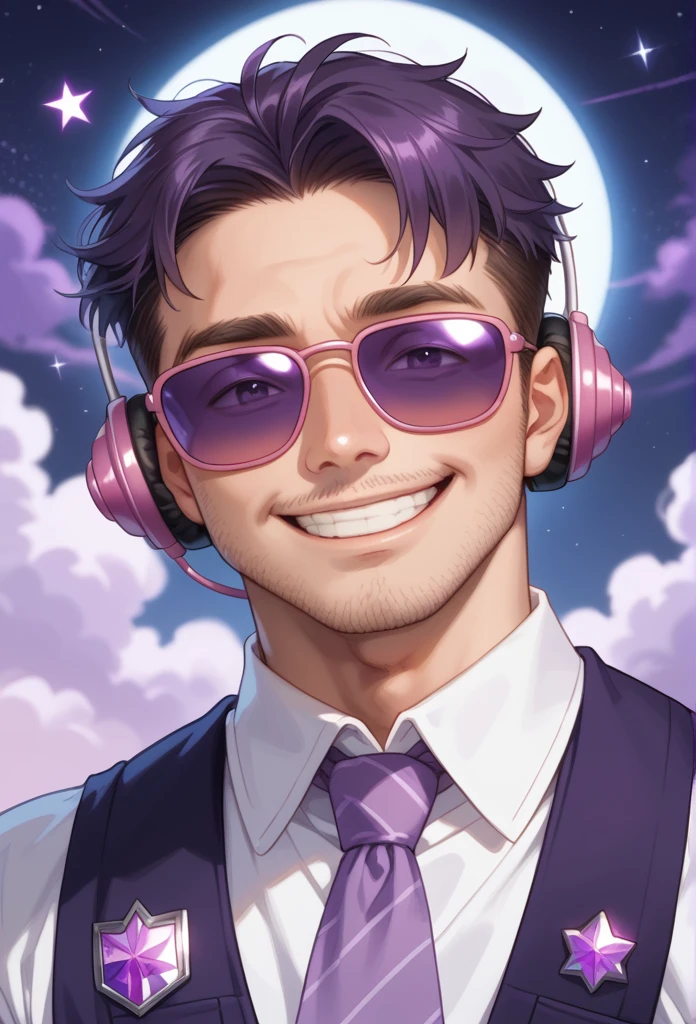 Animated character ,  handsome Disney prince muscular male man in the middle of the dark purple universe, happy man , man smiling,  man listening to music ,  man with bright purple headphones ,  man wearing dark purple suspenders ,,  man with pink tanaga ,  man with short wavy purple hair ,  man admiring the dark purple universe , Deep purple sky ,  deep purple stars ,  deep purple planets ,  deep purple galaxies , Full White Moon ,  pink meteorites ,  Shades of deep purple and black ,  realistic anime style 