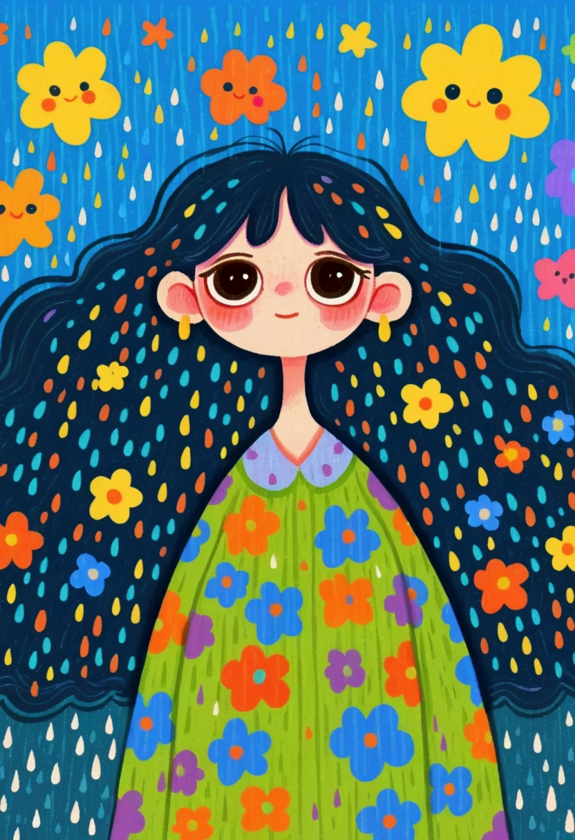  A painting depicting a girl with long hair ,  Hand drawn cartoon style,  2 d gouache illustration ,  colorful illustration , Cartoon cute ,  cute illustration：Laughing girl，A cloud，Colorful rain。