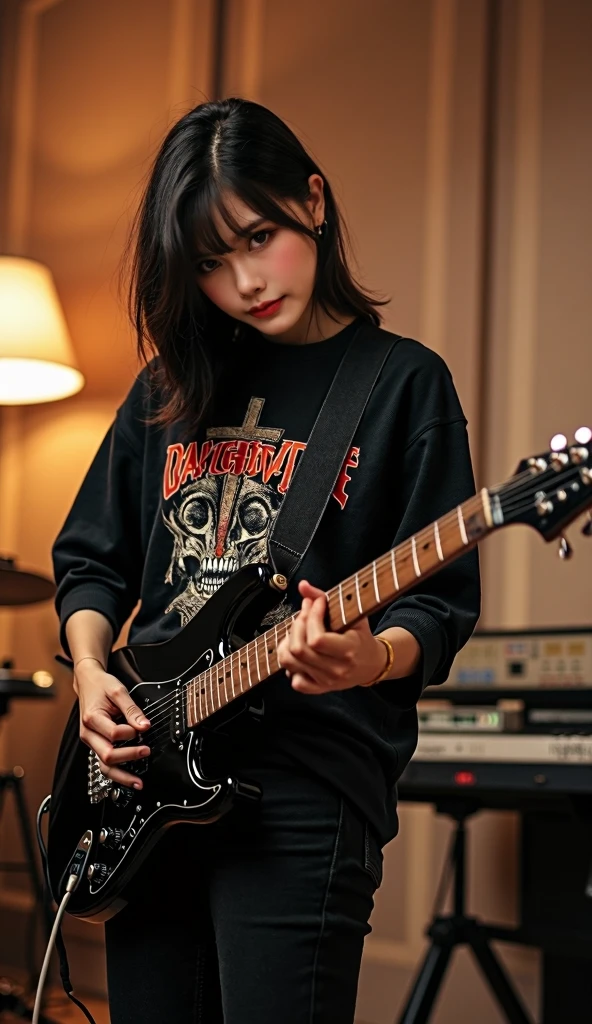  Thai Women,Age 23 years,Good figure, wearing a long sleeve t-shirt with a cross skull print,Black jeans,she is playing a black guitar fender ,In the music practice room