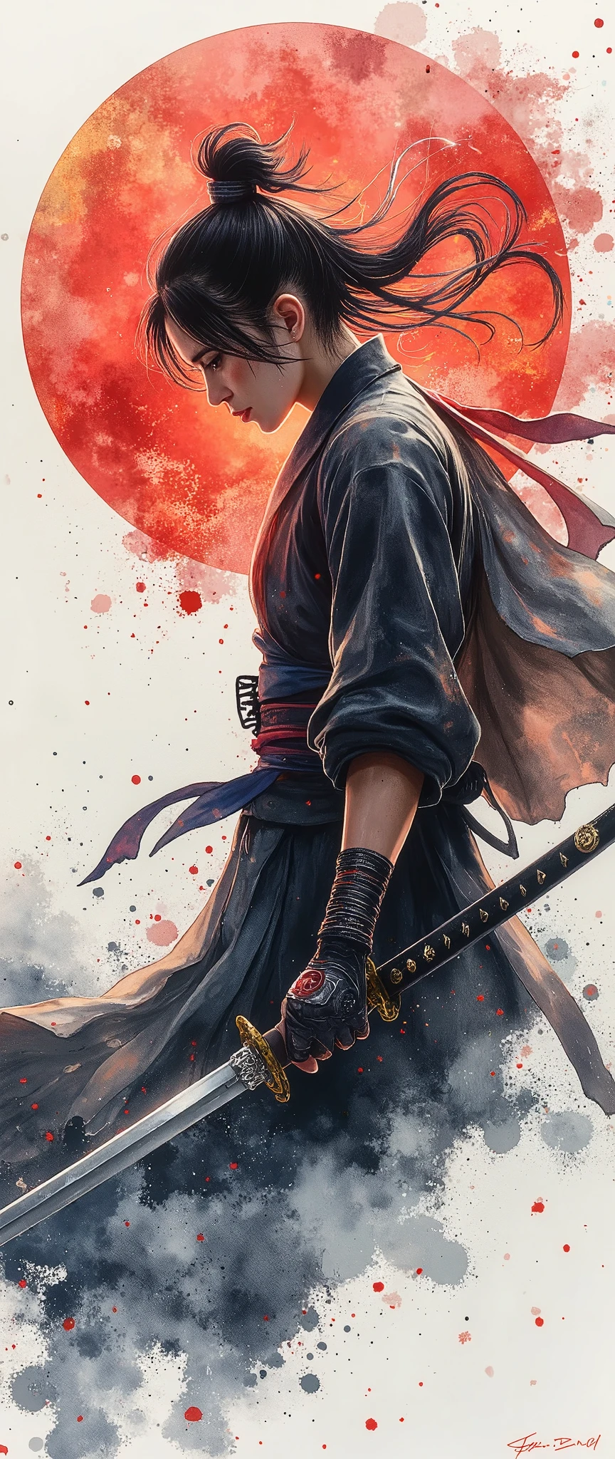 (masterpiece:1.2,exceptional quality,Mirror finish,  cinematic experience  ,  best illustration ,Super detailed),8k,wallpaper,(watercolor),Sword,warrior,Japan,(Slash:2.0),(Slashの軌跡を美しいグラデーションで描画する:2.0),( dynamic :2.0)