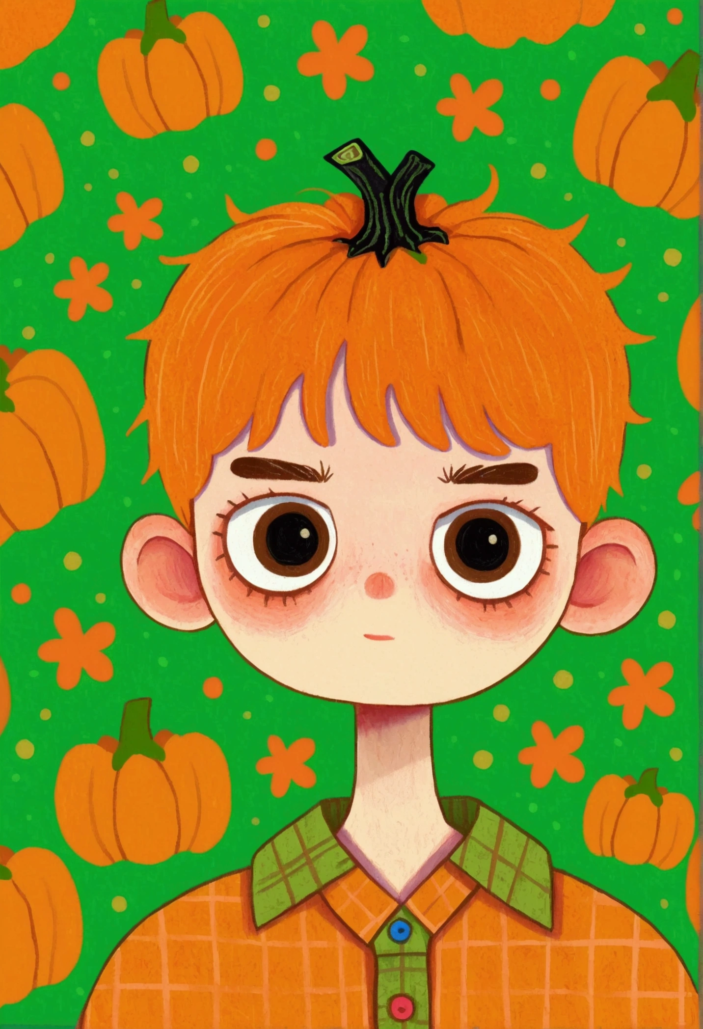  Portrait of a Boy ,  pumpkins and green background，  Halloween art style, Change, 🍁  cute, Hand drawn cartoon style, 🍂  cute,  colorful illustration , Pumpkin Head, 2d illustration, 2d illustration, Low Fidelity, Orange Head, 