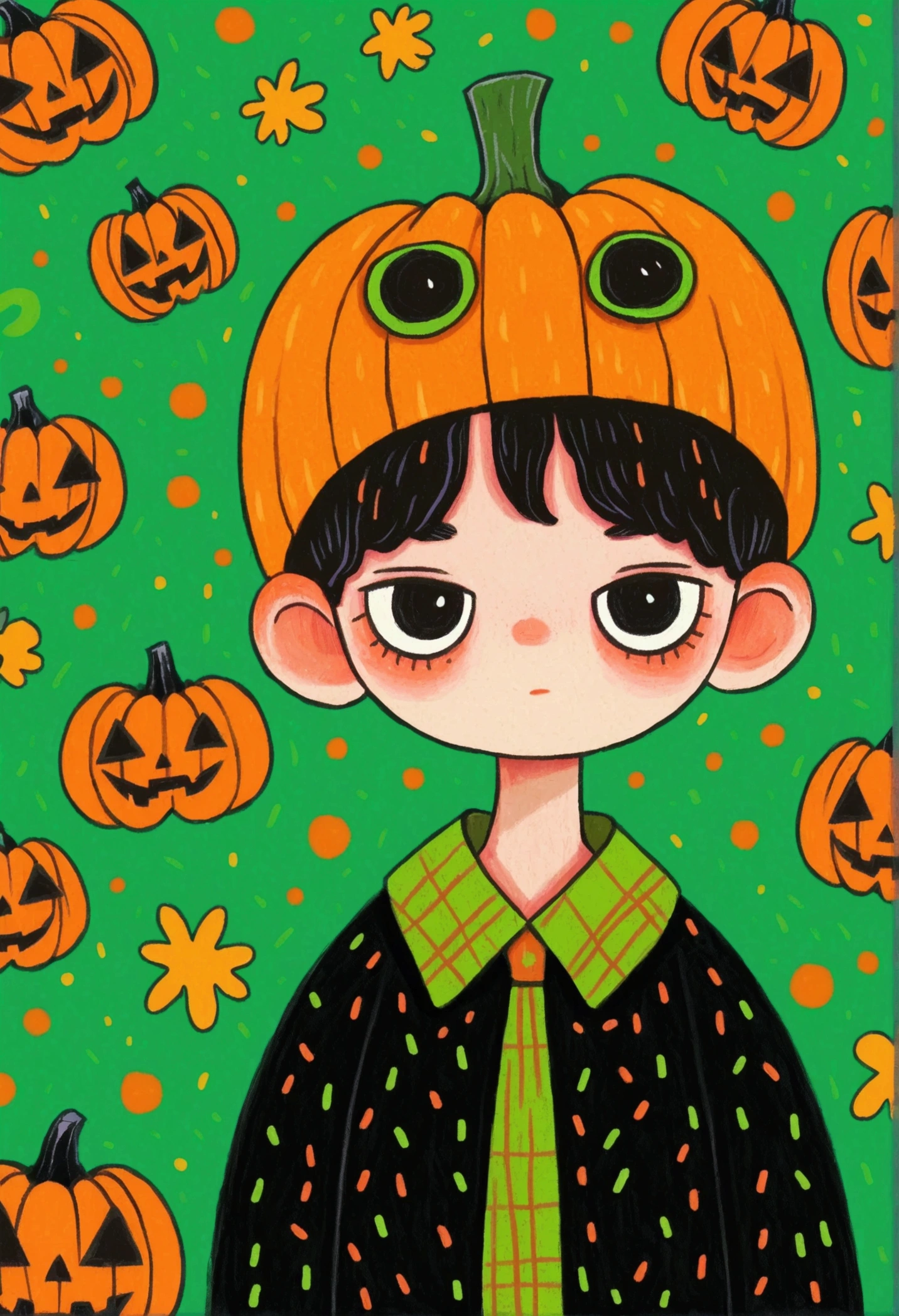  Portrait of a Boy ,  pumpkins and green background，  Halloween art style, Change, 🍁  cute, Hand drawn cartoon style, 🍂  cute,  colorful illustration , Pumpkin Head, 2d illustration, 2d illustration, Low Fidelity, Orange Head, 