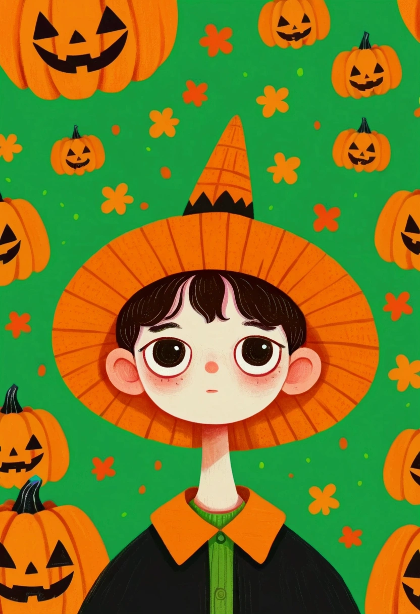  Portrait of a Boy ,  pumpkins and green background，  Halloween art style, Change, 🍁  cute, Hand drawn cartoon style, 🍂  cute,  colorful illustration , Pumpkin Head, 2d illustration, 2d illustration, Low Fidelity, Orange Head, 