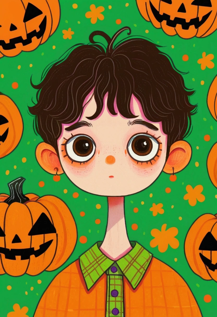  Portrait of a Boy ,  pumpkins and green background，  Halloween art style, Change, 🍁  cute, Hand drawn cartoon style, 🍂  cute,  colorful illustration , Pumpkin Head, 2d illustration, 2d illustration, Low Fidelity, Orange Head, 