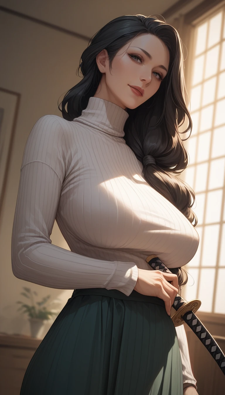 mother, milf, mature female, perfect face, perfect lighting,Black Hair、Straight Hair、Long hair tied in a low position、sexy female, High neck long sleeve ribbed knit T-shirt(loose)、Long maxi skirt, Sexy,  holding katana