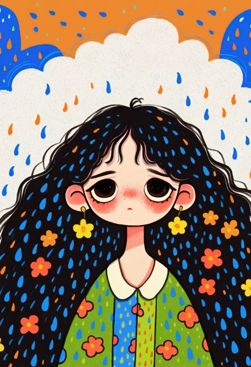  A painting，Hand drawn cartoon style,  2 d gouache illustration ,  colorful illustration , Cartoon cute ,  cute illustration： Lovely Girl Under White Clouds， long, fluffy hair，Sad expression，Colored Rain 