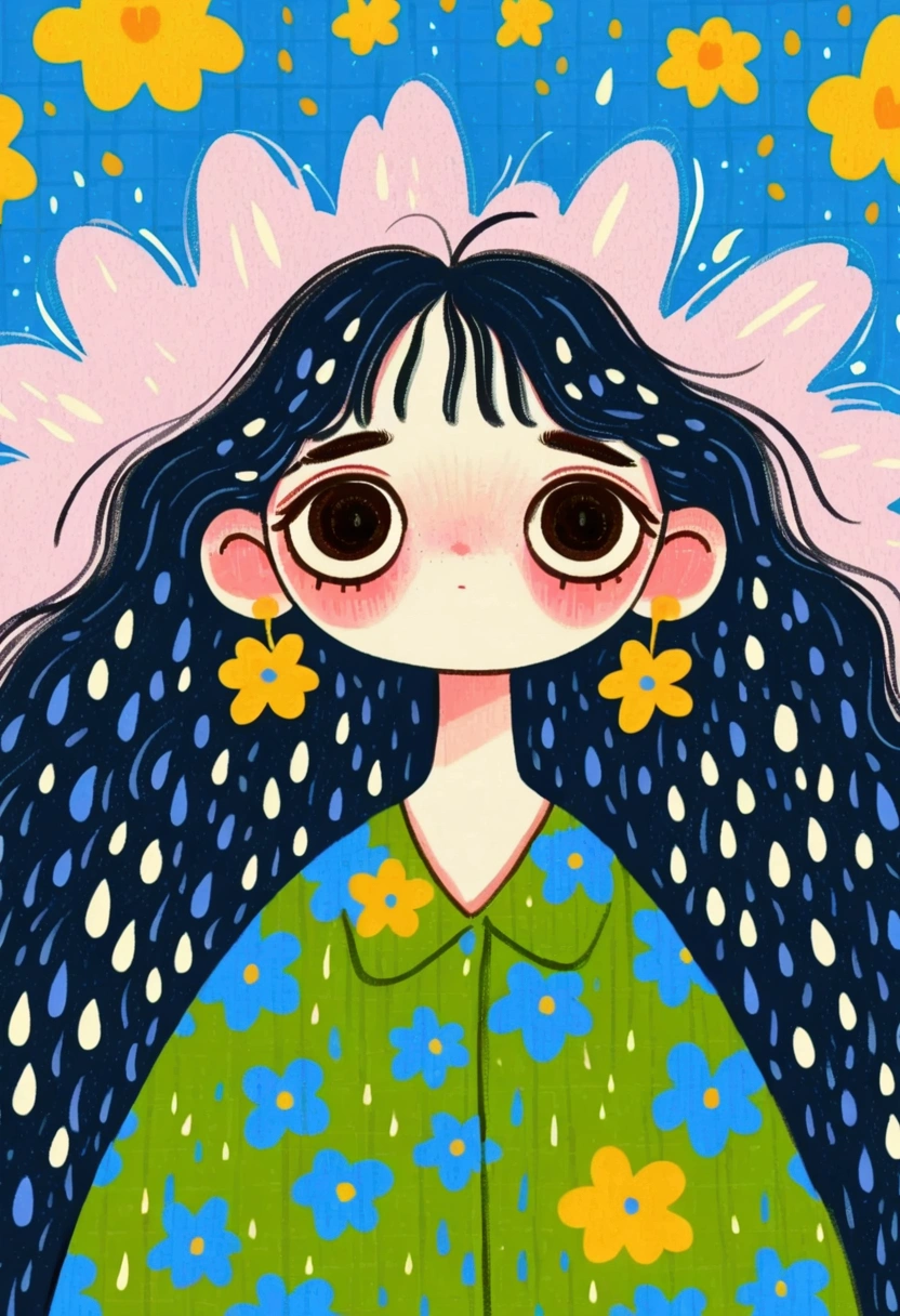  A painting，Hand drawn cartoon style,  2 d gouache illustration ,  colorful illustration , Cartoon cute ,  cute illustration： Lovely Girl Under White Clouds， long, fluffy hair，Sad expression，Colored Rain 