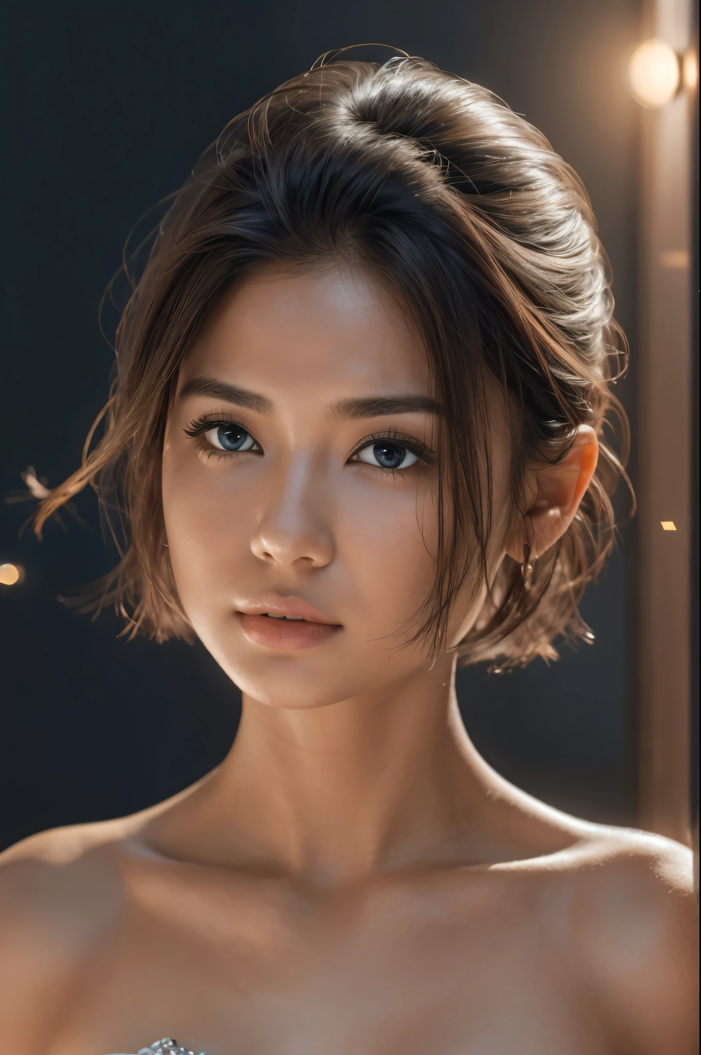 masterpiece, best quality, (extremely detailed CG unity 8k wallpaper, masterpiece, best quality, ultra-detailed, best shadow), (detailed background), (beautiful detailed face, beautiful detailed eyes), High contrast, Realistic woman, frecles, (best illumination, an extremely delicate and beautiful), short hair, hair ornament, accessories, piercing, intricate background, colorful light_particles, space, dark background,  