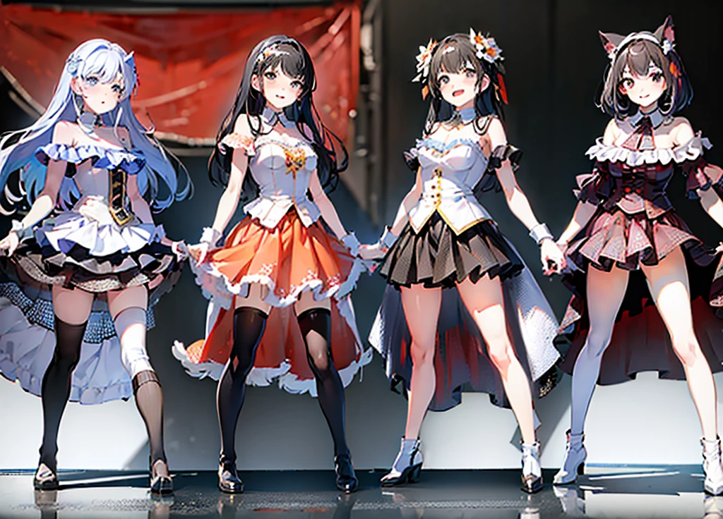 ((masterpiece), (absurdres), (absolutely resolution), on), happy laughing, (stunning face, symmetrical clear eyes, detailed eyes and face, detailed body, on), CHARACTER TURNAROUND SHEET,THREE-VIEWDRAWING,FULL BODYSHOT,GAMECHARACTER DESIGN,BYXIAOFEIYUE,Girl ,VICTORNIZO∨TSE∨,ORANGE BACKGROUND,:12 -- Wear expressive 