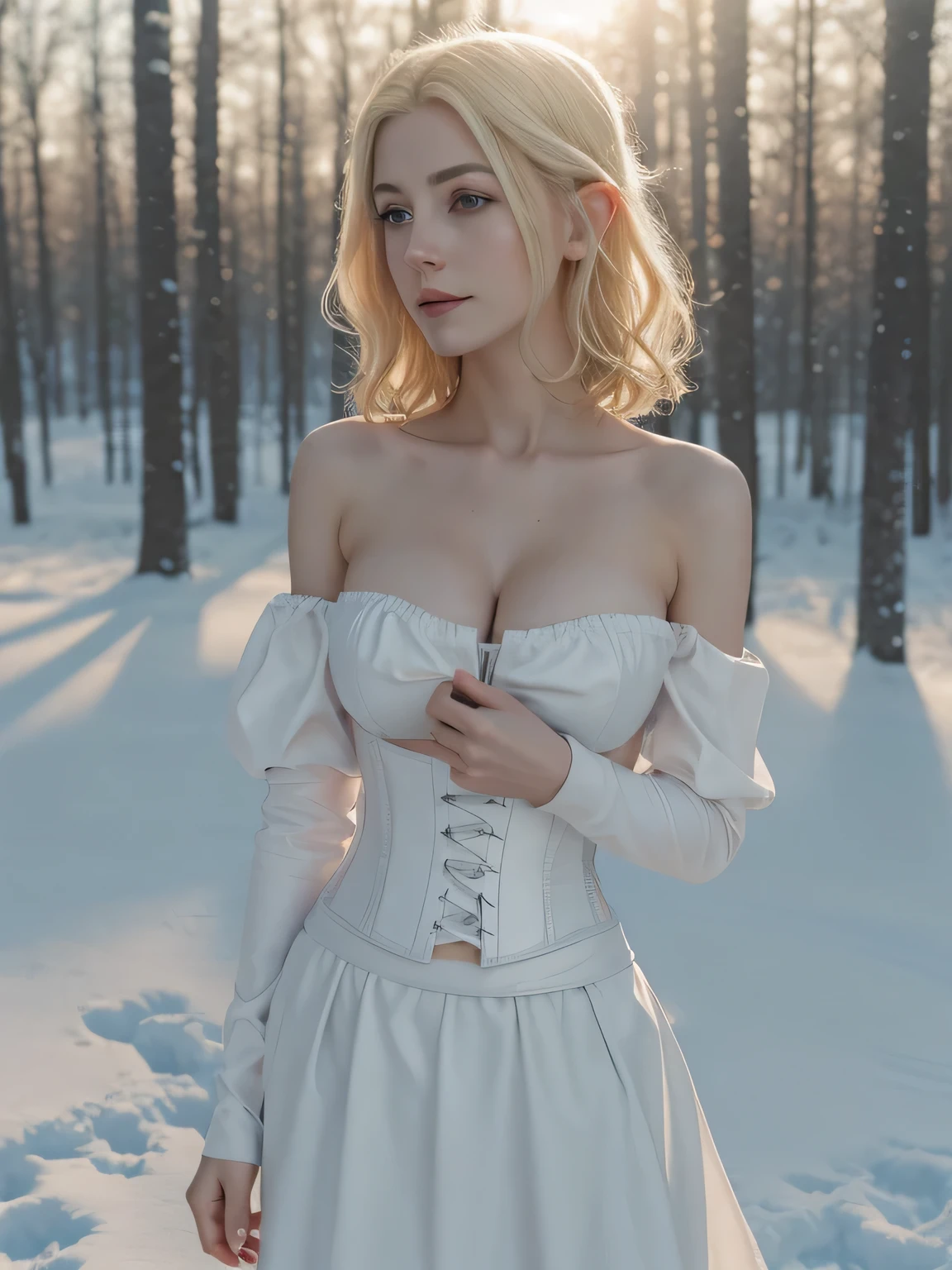 1girl in, age21, Eva Elfie, photo of perfect woman, portrait, looking straight at camera, 5'3", Solo, Aesthetic artwork, (blond, straight blonde hair, shoulder length blond hair:1.25), (clear skin, pale skin, medium breasts, B-cup, runners body, athletic, thin waist, skinny, detailed skin texture), (blank background, plain background, blank wall, (wearing a body-hugging White as snow peasant dress, A  off the shoulder, long white full length skirt, strapless), (grey leather corset, grey corset, Cleavage), (extremely detailed 8k wallpaper), evening outdoor lighting, high quality, film grain, Fujifilm XT3 sharp focus, f 5.6, 50mm, High Detail, Sharp focus, (natural light), crazy details, complex details, hyper detailed