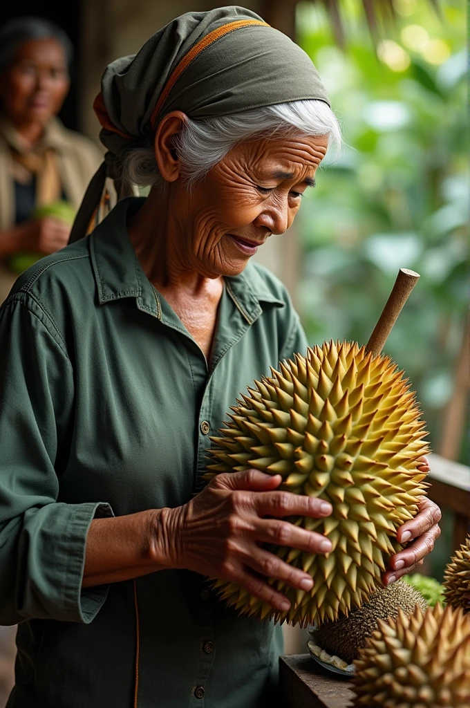 Women is peeling the skin of young jackfruit 