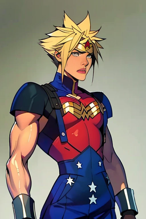 Cathleen Bate, blonde hair, blunt bangs, makeup, green eyes, smile, upper body, solo, muscular body, fingerless gloves, blue sports bra with stripes, red star and stripes shorts, big chain necklace, toeless legwear, bike shorts, white open gi shirt, (insanely detailed, beautiful detailed face, masterpiece, best quality) 