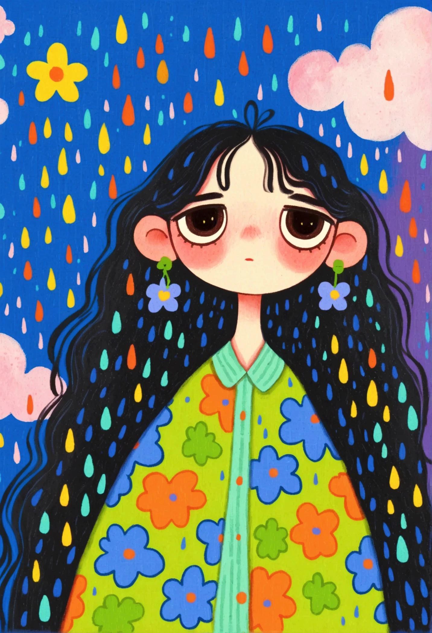   A painting depicting a girl with long hair,  Hand drawn cartoon style,  2 d gouache illustration ,  colorful illustration , Cartoon cute ,  cute illustration：Sad girl ，A cloud，Colorful rain。 solid color background