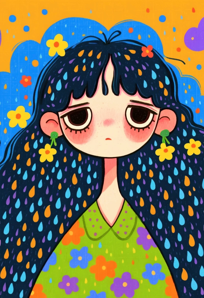   A painting depicting a girl with long hair,  Hand drawn cartoon style,  2 d gouache illustration ,  colorful illustration , Cartoon cute ,  cute illustration：Sad girl ，A cloud，Colorful rain。 solid color background