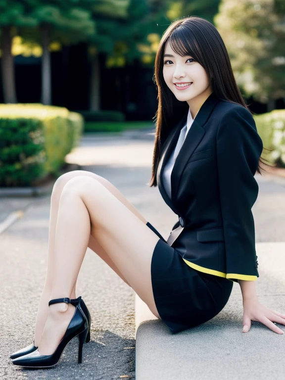 8K,  highest resolution , Wore a strict black business suit , A Japanese woman is standing, Full body leg shot ,  full-body image of a Japanese woman in an empty park ,  wearing a strict black business suit, Black short tight skirt,  wearing black ankle strap pumps,  highly detailed face,  beautiful face, Smiling, A Japanese woman with a clean face, The eyes of the audience , Pretty round pretty eyes ,  thin thighs, Thin legs, very detailed hands, Hands clasped behind back