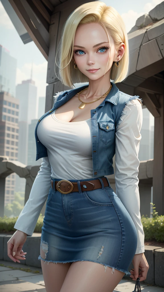best quality, high-res, and18, 1girl, android 18, solo, blonde hair, blue eyes, belt, tight blue demin skirt, gold necklace, black shirt, short hair, long sleeves, striped sleeves, earrings, open vest, blue denim vest, large breasts, cowboy shot, city park, straight-on, (weather: raining), sexy pose, full length pantyhose, battle ruins, wide hips, torn clothes, shy smile,