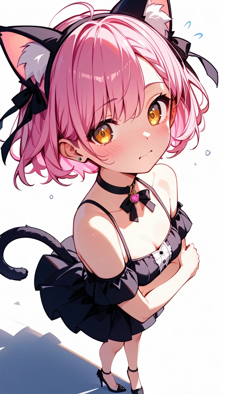 1girl, malevolent, evil look, little_girl,cute_loli, pink hair, short hair, green eyes, animal ears, fake animal ears, cat ears, hairband, dress, striped, night background,Annie Hastur, Smol, Cat Ears Headband, legs