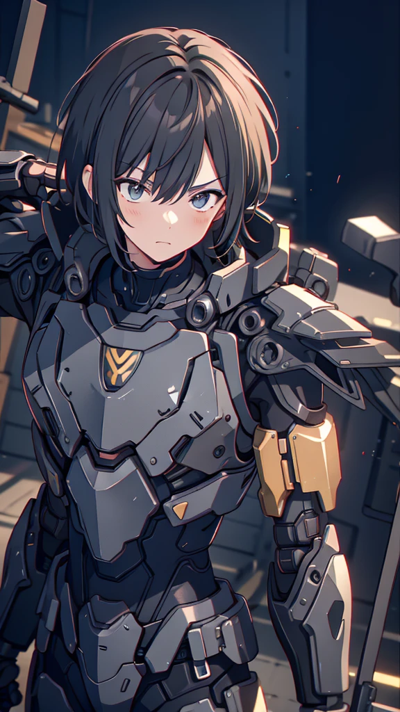 silence，Looking at the items in the warehouse，Warehouse full of supplies，It's dark all around，End of the World，an adult male，youth，Black short hair，look around，Wearing a sophisticated dark gray mecha armor suit，The armor suit has huge and thick limbs，Only the male youth’s hair and face are exposed，Upper body close-up