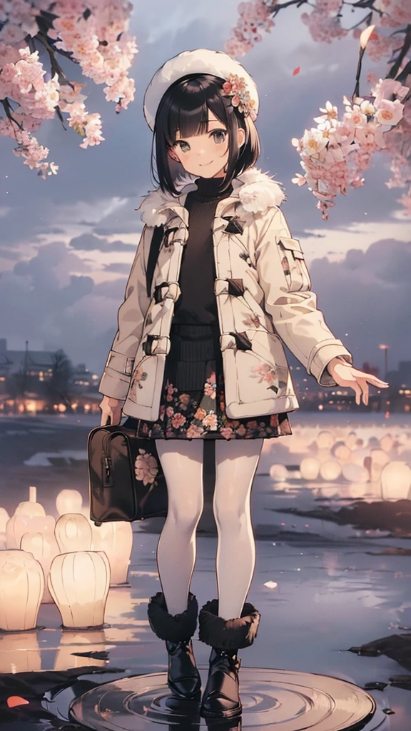 Best Quality, Official Art, masterpiece,(1 person:2.0), Neutral Men's ,( flat chest:1.3),(7 heads), Black Hair ,(Bob Cut Hair),( knitted sweater ),(Floral flared skirt:1.2),(duffle coat with white fur:1.3),(pantyhose),  Detailed Fabric Texture ,noon,SHORT BOOTS WITH FUR ,( is jumping), big smiles at handshake event , soft writing, dreamy and mysterious worldview