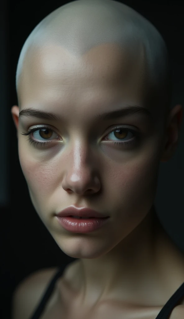 ((full body length cinematic Image)). ((completely bald woman)) with a (((smooth, pale, hairless, head))). detailed, hyper realistic, photorealistic, sharp focus, 8k, hyperdetailed eyes, extremely detailed skin, striking facial features, high contrast lighting, dramatic lighting, moody lighting, strong shadows, cinematic composition, atmospheric, compelling, dramatic, powerful expression, intense gaze, serious expression, (bald, smooth, hairless head), slight build, Tall, athletic physique, female, powerful, confident, authoritative, Feminine. 