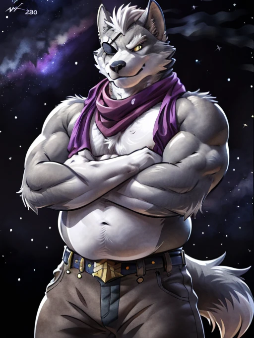 wolf o'donnell, posing for the camera, showing off. 4k, high resolution, best quality, posted on e621, solo, anthro body, male, adult, masculine, (very overweight, fat chest, big belly, love handles, thick thighs:1.1), correct anatomy, (dusk, space clouds, galaxy, stars:1.0), (by wfa:1.2), (by negger:1.0), (cel shaded:1.2), cartoony shading, confident, strong, (wolf tail:1.0), (pants, belt:1.1), (half body:1.2), (detailed eyes:1.1), handsome, strong pose, looking at camera, eyepatch, tough guy pose, strong pose, purple scarf, arms crossed