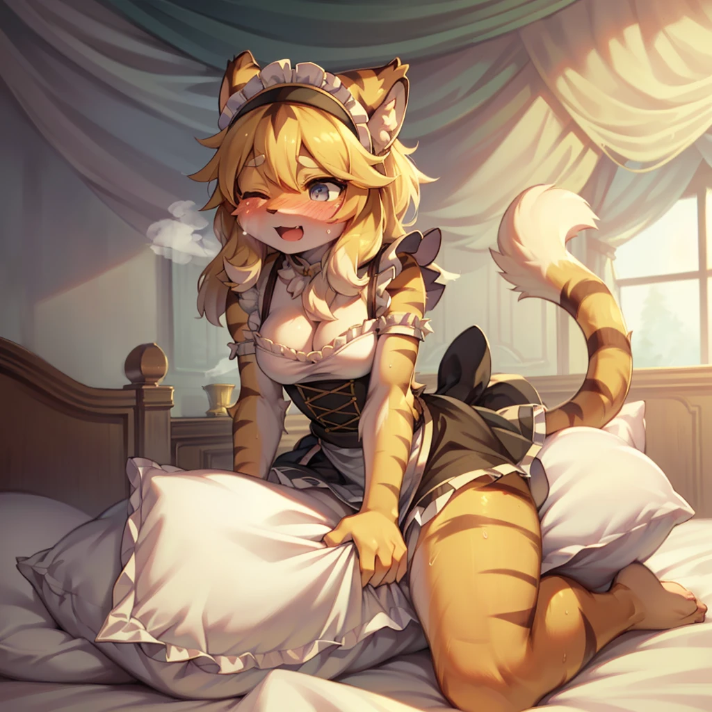 （masterpiece，best quality），mine, The Beast, , ( ））, 穿着Maid costume的可爱女孩在Pillow上摆姿势,，Maid costume，nature,, (blush),a smile，Pillow,（Lots of Pillow），Soft cushion，（canopy bed），（Pillow），Lots of Pillow，（Friction in the crotch），（（PillowCamel）），（A tail），（Around the protagonist），steam，（Pillow），（LuxuryPillow），（Palace Pillow Pattern Pillow），（palace），（Palace bedroom），（Gorgeous Pattern Pillow），Soft Pillow，，（Classical European style bedroom ），（excited，shy person，Lack of expressiveness，），pillow hump,，(Deluxe Rococo Canopy King Bed),Luxurious curtains with ornate ruffles and ribbons hang around the large bed.,((((The bed is piled with many Pillows)))),Quilt details,Detailed bed linen,Ruffled Bed Skirt,Deep Bed,Background with depth,((Pillow in detail)), ((((A Lot of Pillow))))，,，Detailed Soft Pillow,,((女孩正躺在许多Soft Pillow上,There are many Pillows around))，、、In a large canopy bed、Soft sheets and quilts、Colorful soft Pillow、Lots of Pillow、Soft toned bed、Ruffled curtains around the bed.。Delicate face，（Ornate pattern pillow），Soft pillow，，（ classical European style bedroom  ），（Excited face，Opened mouth，Shy，），，my，tiger girl，，sweaty，，（more pillows)，，Blushing，Shy,,MASTURBATING WITH PILLOW,pillow humping, crotch rub