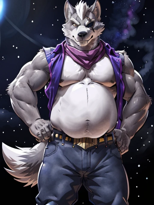 wolf o'donnell, posing for the camera, showing off. 4k, high resolution, best quality, posted on e621, solo, anthro body, male, adult, masculine, obese,  300 pounds, (very overweight, fat chest, big belly, love handles, thick thighs:1.1), correct anatomy, (dusk, space clouds, galaxy, stars:1.0), (by wfa:1.2), (by negger:1.0), (cel shaded:1.2), cartoony shading, confident, strong, (wolf tail:1.0), (pants, belt:1.1), (half body:1.2), (detailed eyes:1.1), handsome, strong pose, looking at camera, eyepatch, tough guy pose, strong pose, purple scarf, arms on hips