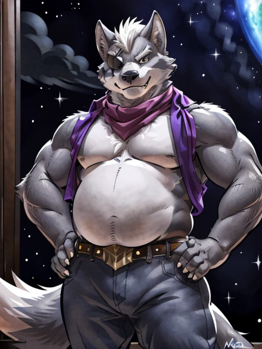 wolf o'donnell, posing for the camera, showing off. 4k, high resolution, best quality, posted on e621, solo, anthro body, male, adult, masculine, obese,  300 pounds, (very overweight, fat chest, big belly, love handles, thick thighs:1.1), correct anatomy, (dusk, space clouds, galaxy, stars:1.0), (by wfa:1.2), (by negger:1.0), (cel shaded:1.2), cartoony shading, confident, strong, (wolf tail:1.0), (pants, belt:1.1), (half body:1.2), (detailed eyes:1.1), handsome, strong pose, looking at camera, eyepatch, tough guy pose, strong pose, purple scarf, arms on hips