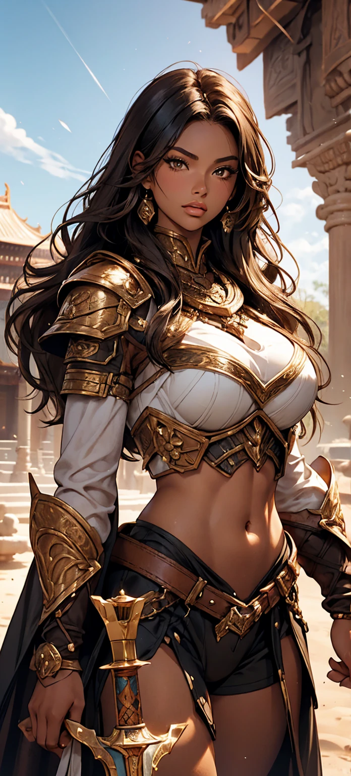 8K,exotic attractive female warrior,Super beautiful(like the real thing),sexyなビキニ,beautiful expression,smile,masterpiece,Photorealistic RAW photos of the highest quality。bright colors,rich colors, Backlight, cinematic lighting, film grain, to be born, 50MM lens, Nikon D850,super realistic skin,fantasy art,character art,ultra high resolution,realistic scale skin,Perfect hand shape,view audience,smile,beautiful expression,Close-up,muscular slim body,Makeup,sexy,dynamic pose,Close-up,emphasize cleavage,whole body,tanned skin,southern warrior,Equipped with a long and large spear,He is carrying a round shield on his left arm.,