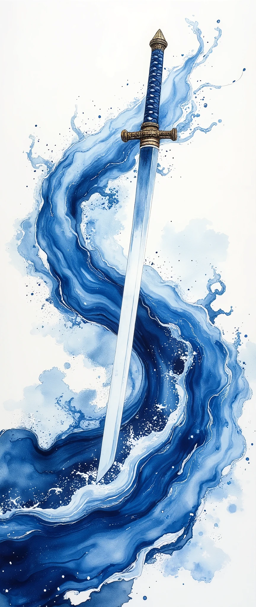 (masterpiece:1.2,exceptional quality,Mirror finish,  cinematic experience  ,  best illustration ,Super detailed),8k,wallpaper,(Watercolor),Sword,warrior,(Japan:2.0),(Slash:2.0),(Express the trajectory of a sword with blue curved waves:2.0),( dynamic :2.0)